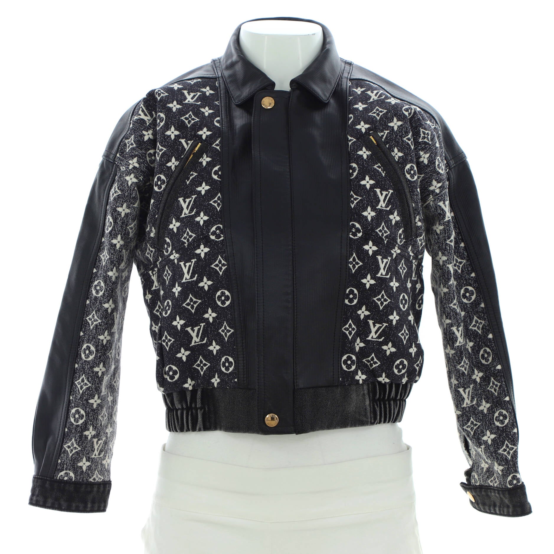 Women's Bomber Jacket Monogram Jacquard Denim with Leather