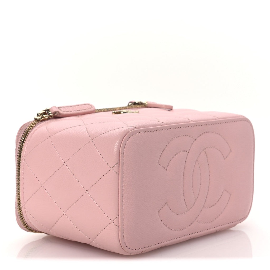 Caviar Quilted  Vanity Case With Chain Pink