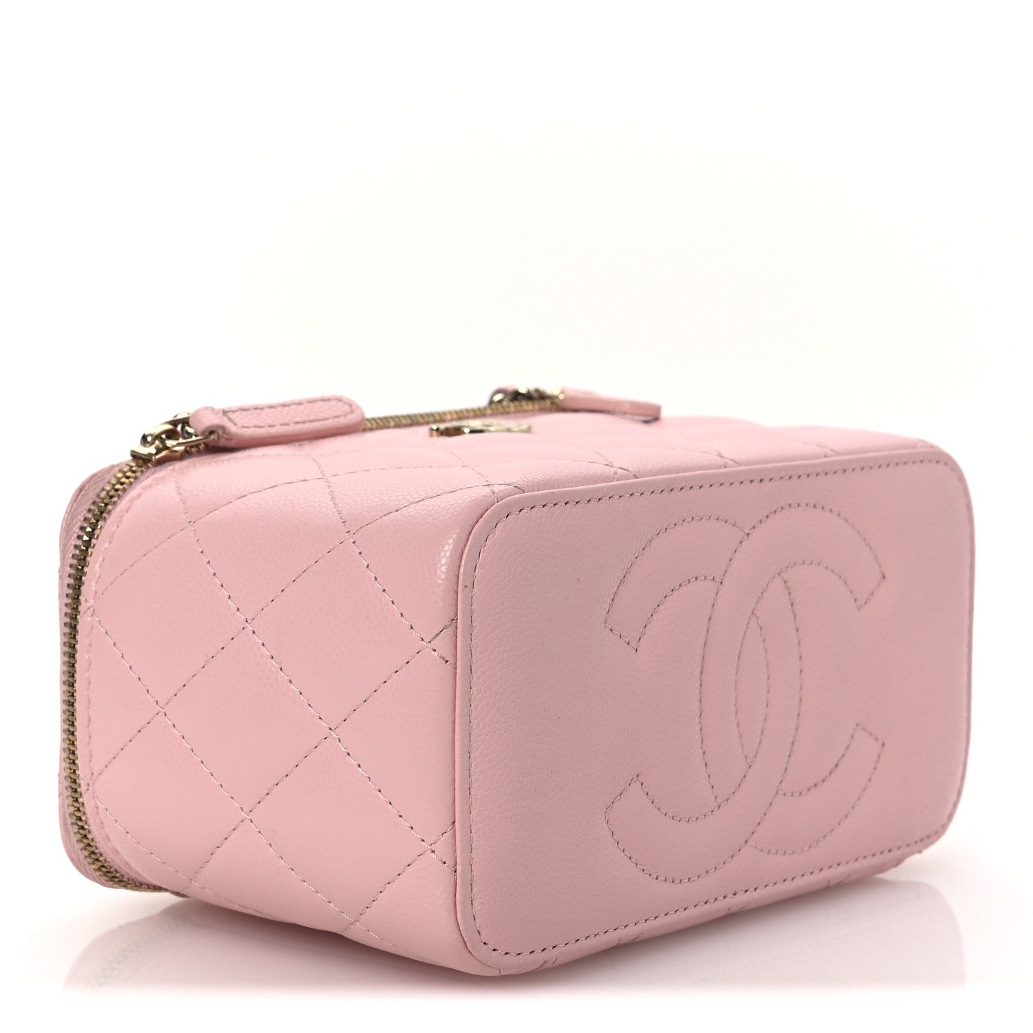 Caviar Quilted  Vanity Case With Chain Pink