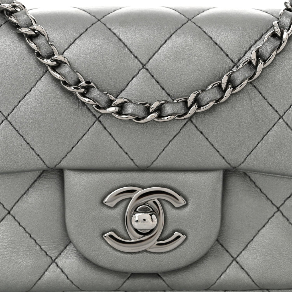 Metallic Lambskin Quilted Extra Mini Rectangular Flap Dark Silver