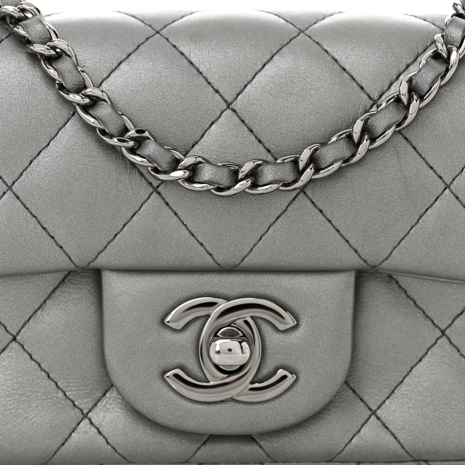 Metallic Lambskin Quilted Extra Mini Rectangular Flap Dark Silver