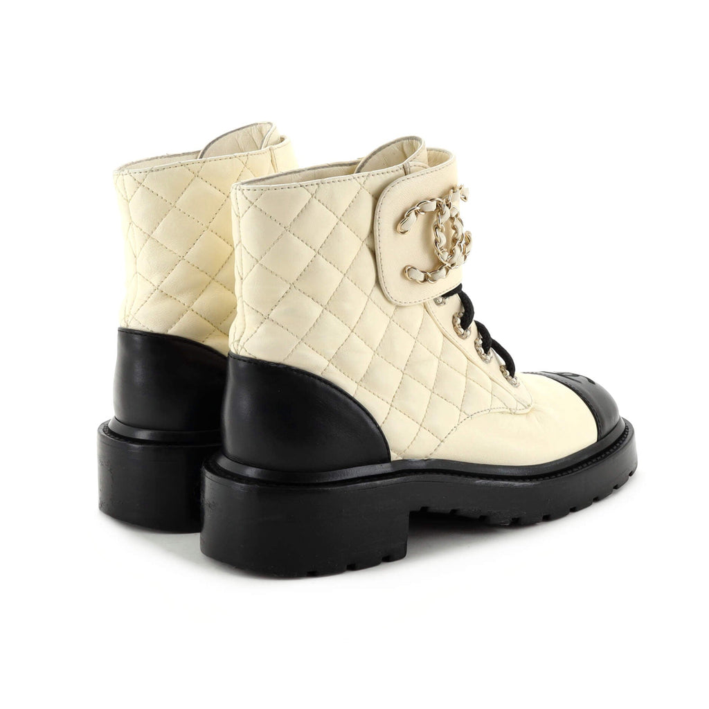 Women's Chain CC Cap Toe Lace Up Combat Boots Quilted Shiny Calfskin