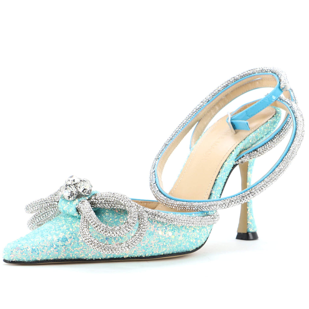 Women's Double Bow Ankle Strap Pumps Glitter 100