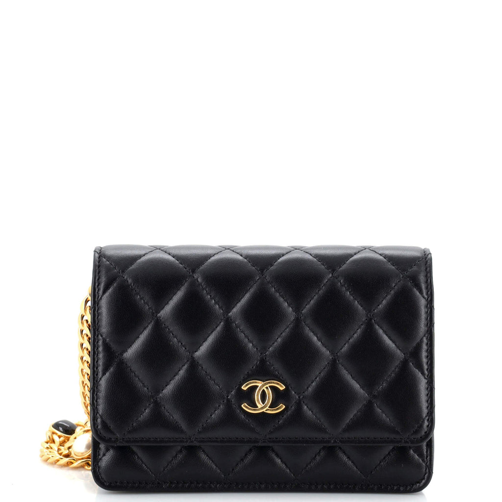 Resin Pearl Chain Flap Bag Quilted Lambskin Mini