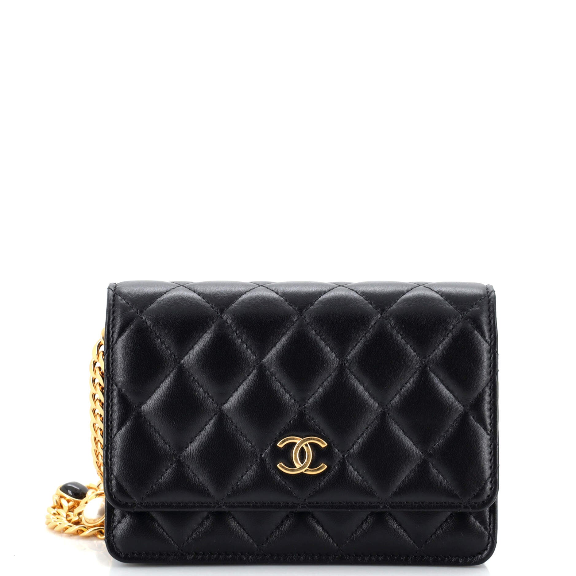 Resin Pearl Chain Flap Bag Quilted Lambskin Mini