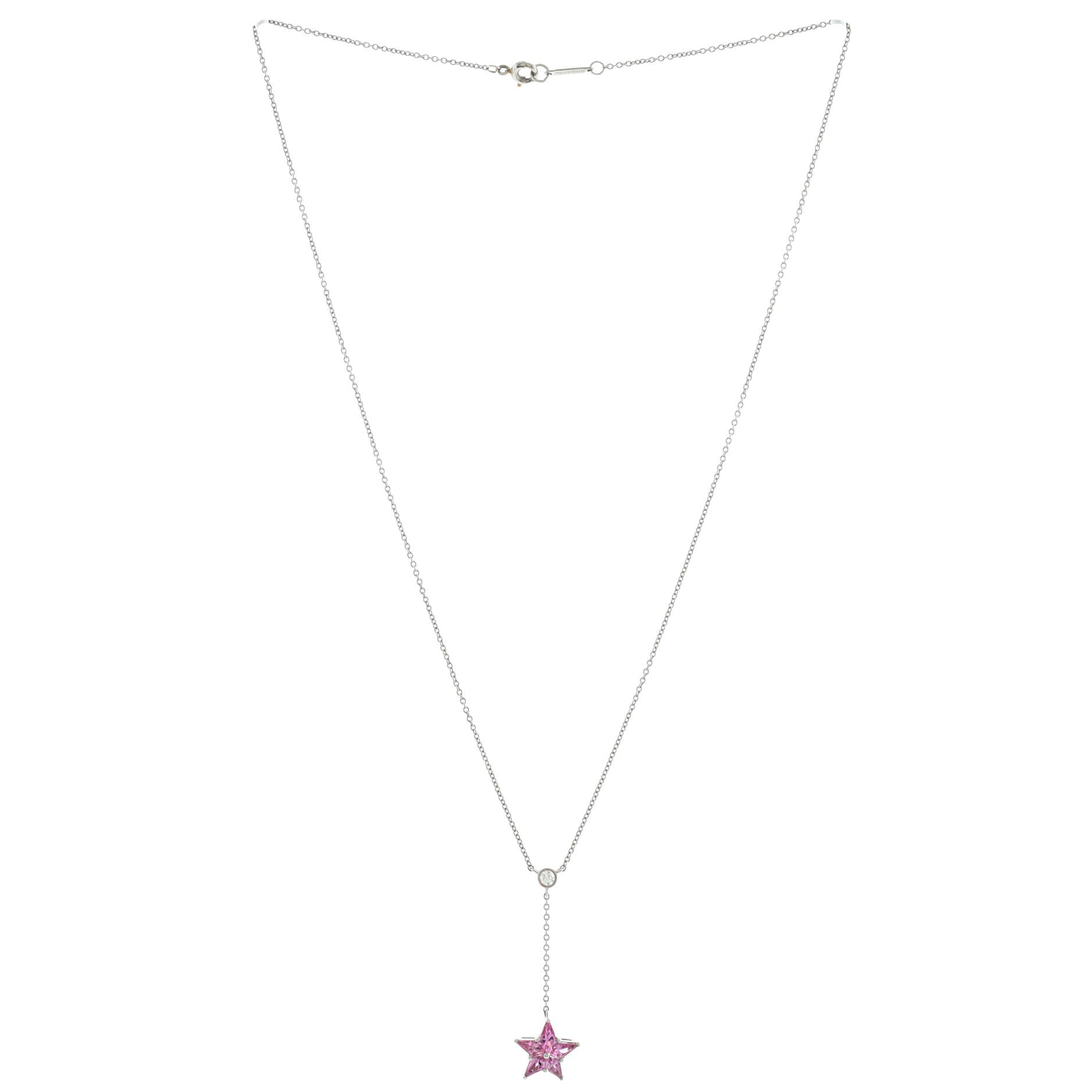 Star Drop Pendant Necklace Platinum with Pink Sapphire and Diamonds
