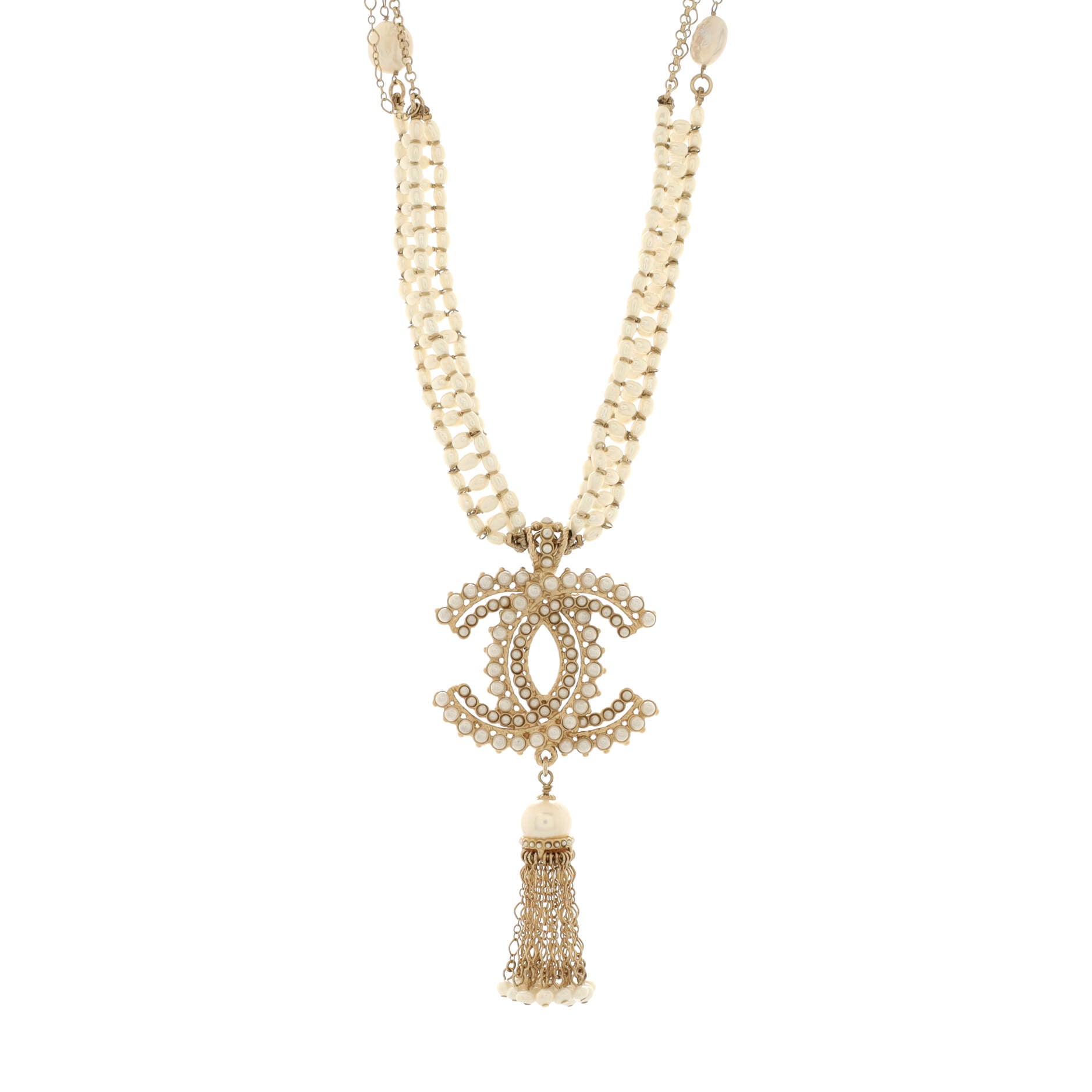 CC Tassel Drop Necklace Metal and Freshwater Pearls