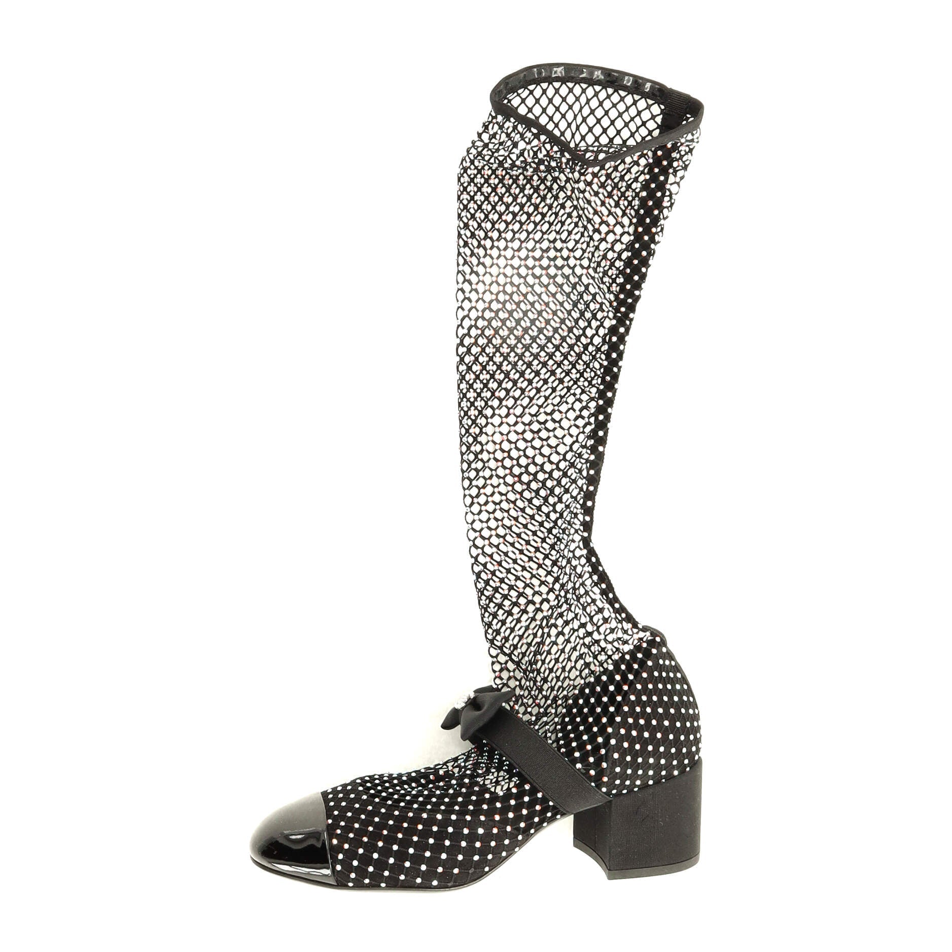 Women's Bow Cap Toe Mary Jane Boots Crystal Embellished Mesh