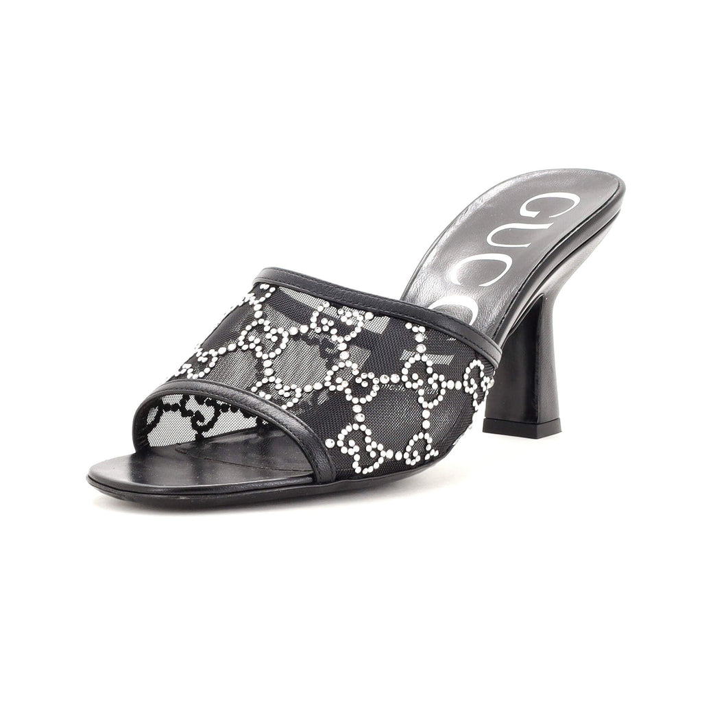 Women's Heeled Mule Sandals Crystal GG Embellished Mesh