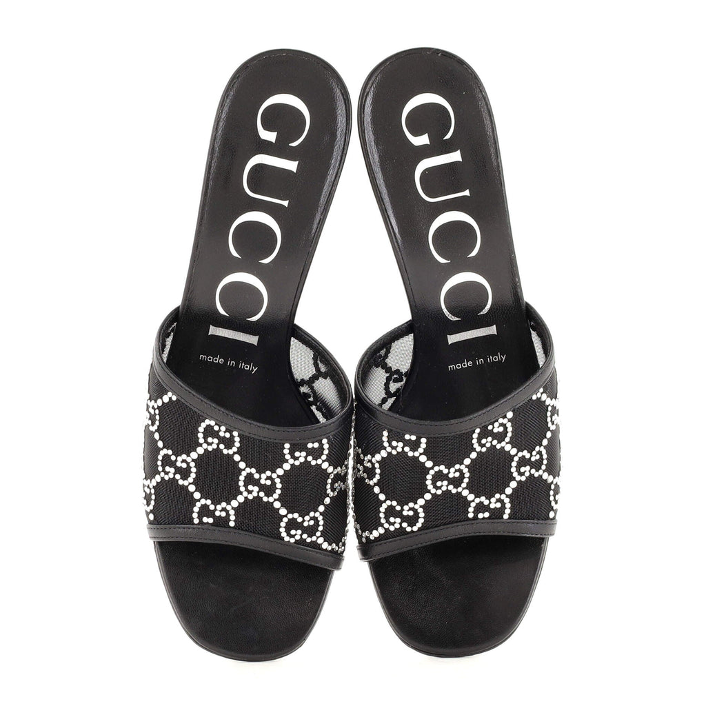 Women's Heeled Mule Sandals Crystal GG Embellished Mesh