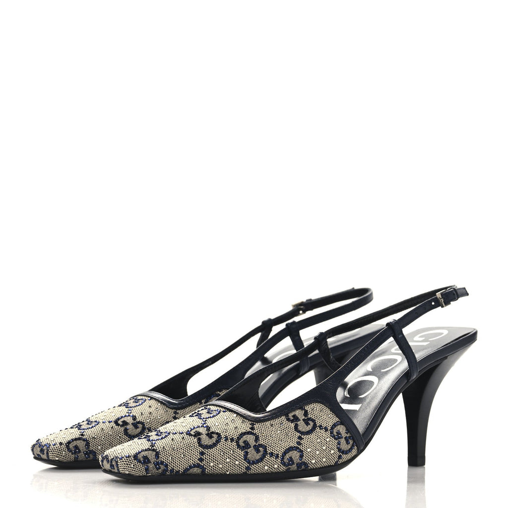 GG Monogram Malaga Kid Crystal Square G 75mm Slingback Pumps 36.5 Beige Blue