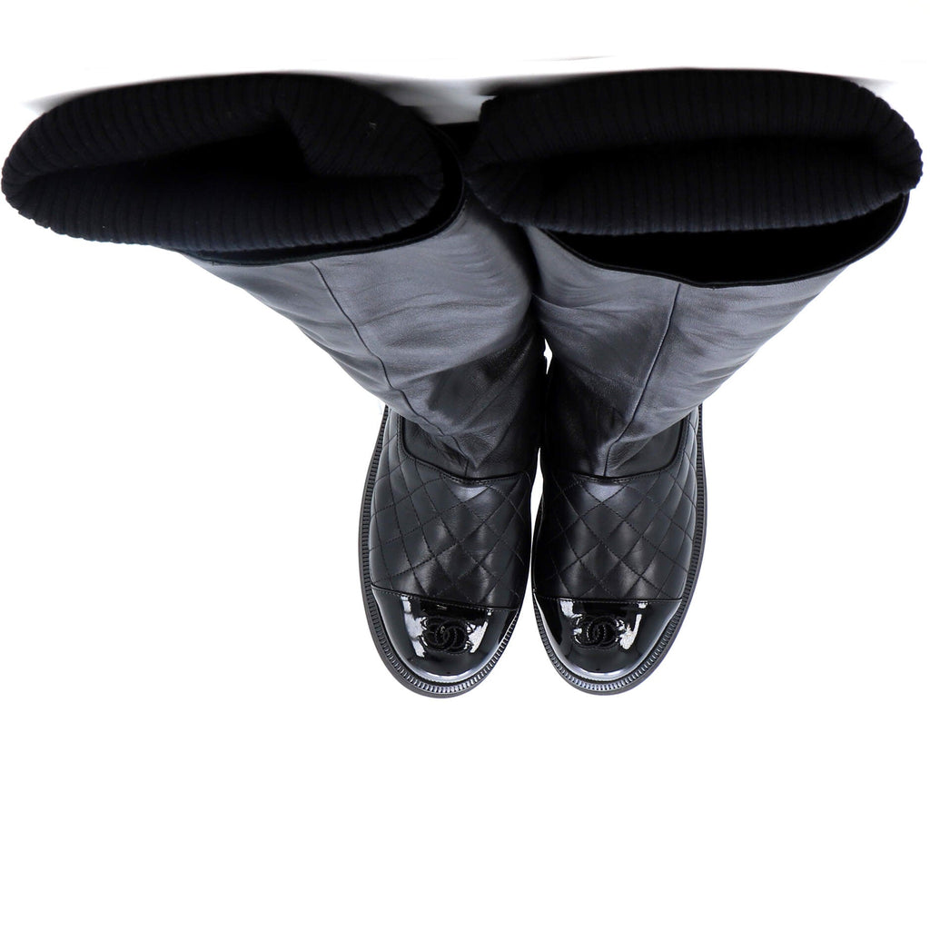 Women's CC Cap Toe Knee High Boots Quilted Leather with Patent and Knit