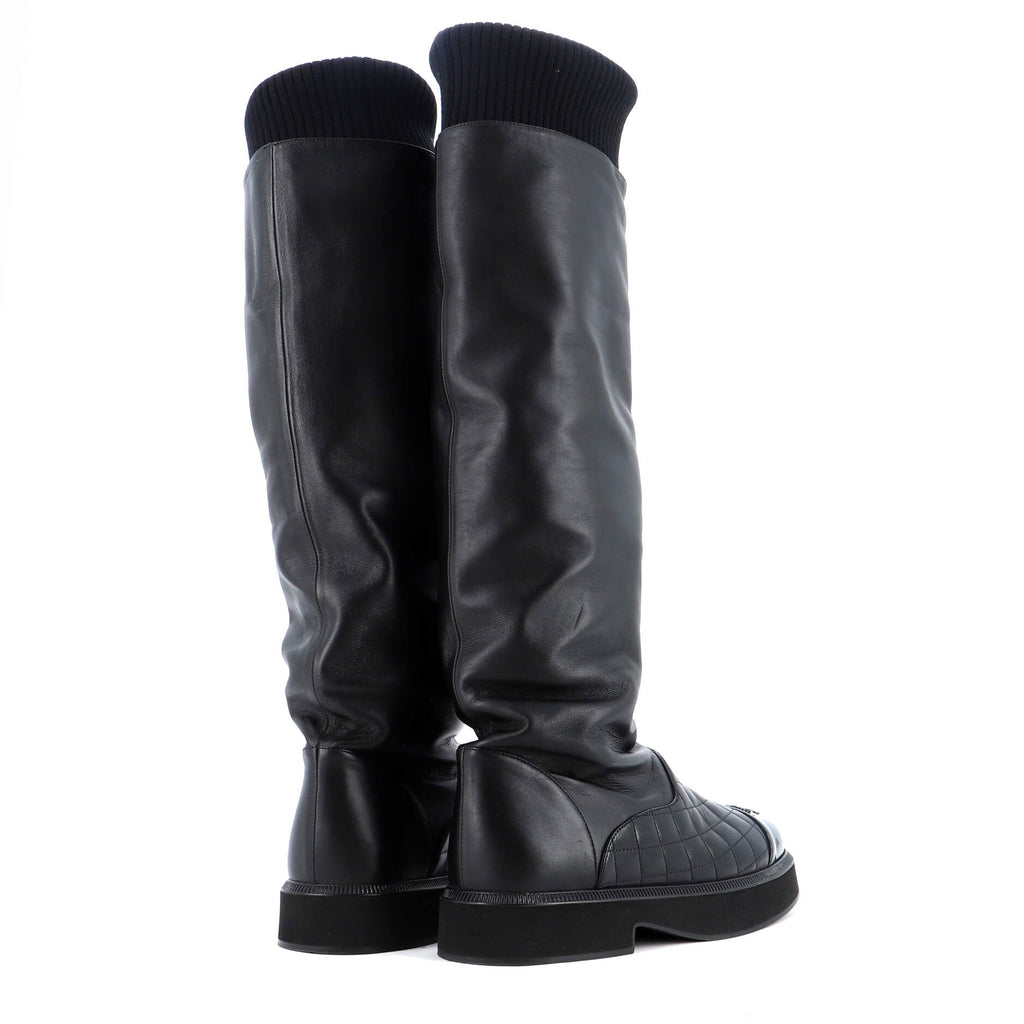 Women's CC Cap Toe Knee High Boots Quilted Leather with Patent and Knit