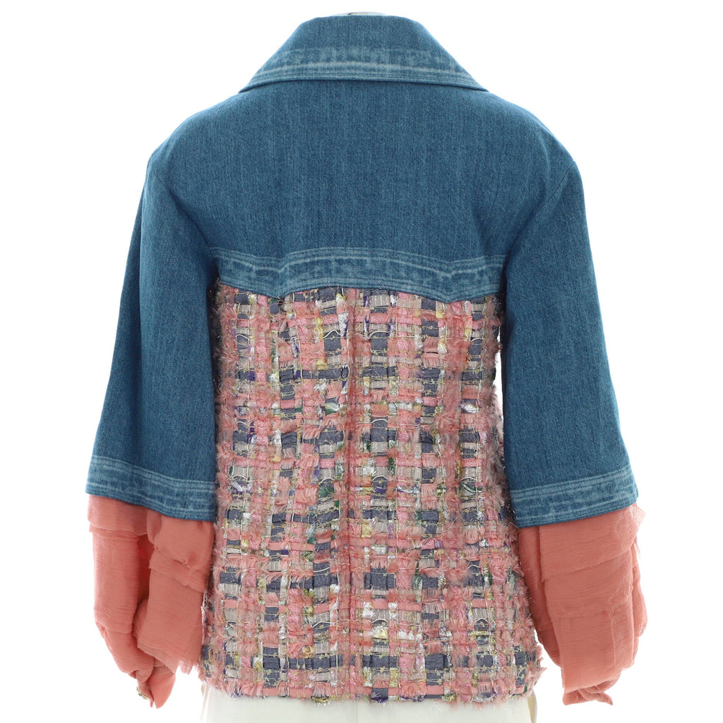 Women's Two-Pocket Zip Jacket Denim with Tweed and Chiffon
