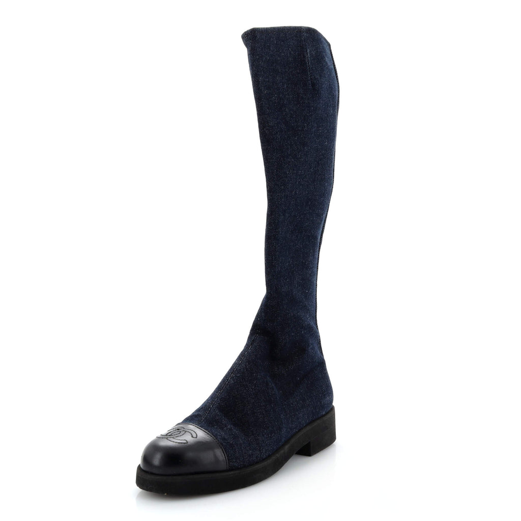 Women's CC Cap Toe Knee High Boots Denim with Leather