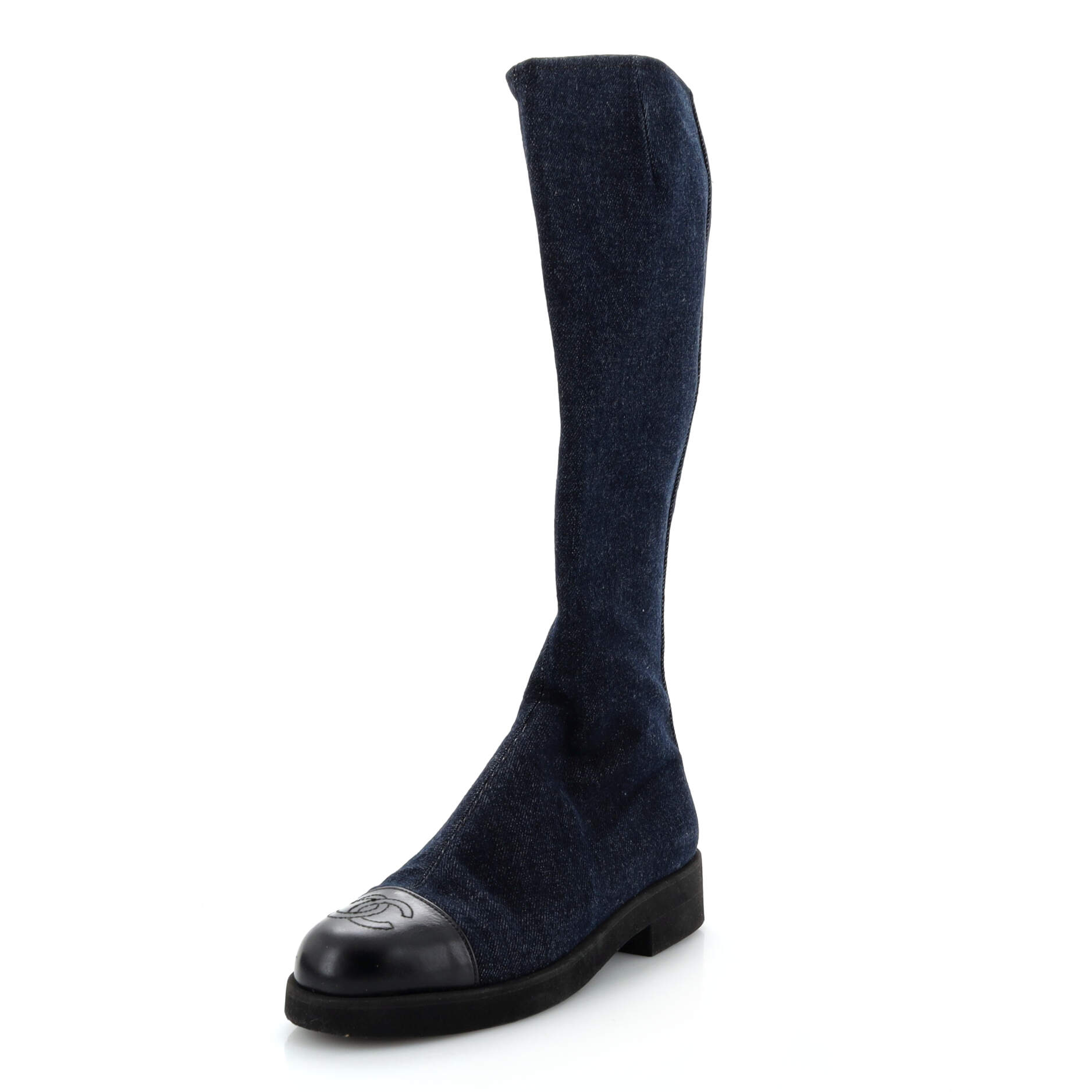 Women's CC Cap Toe Knee High Boots Denim with Leather
