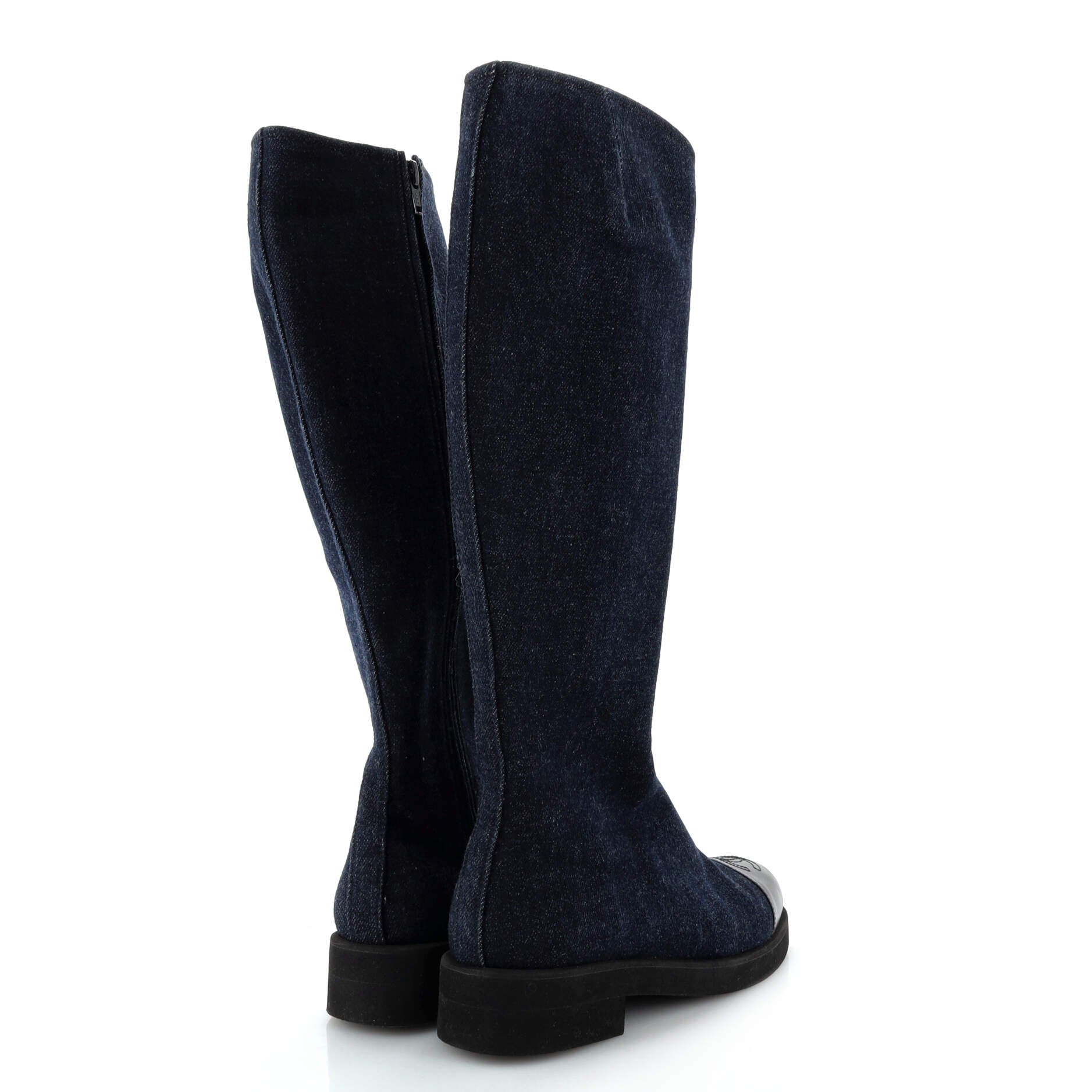 Women's CC Cap Toe Knee High Boots Denim with Leather