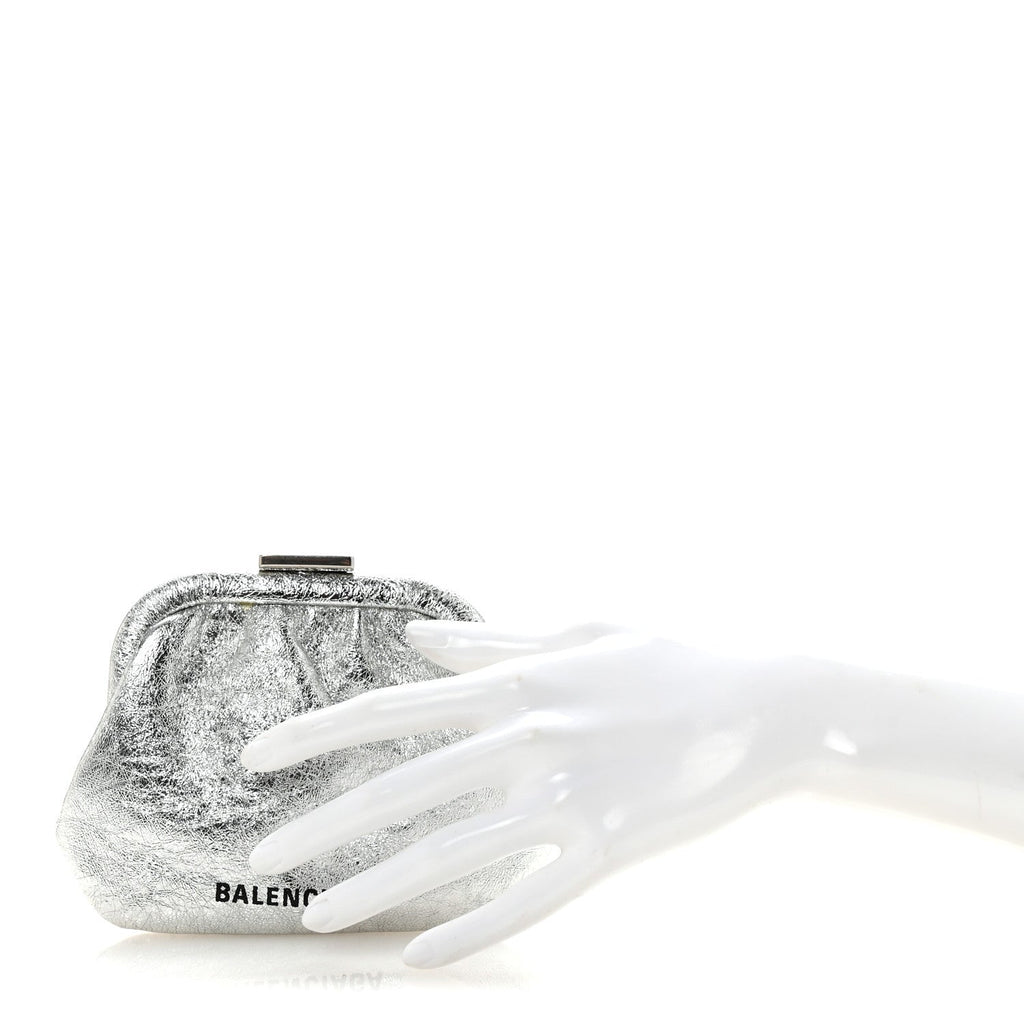 Metallic Textured Calfskin Logo Cloud Coin Purse With Strap Silver