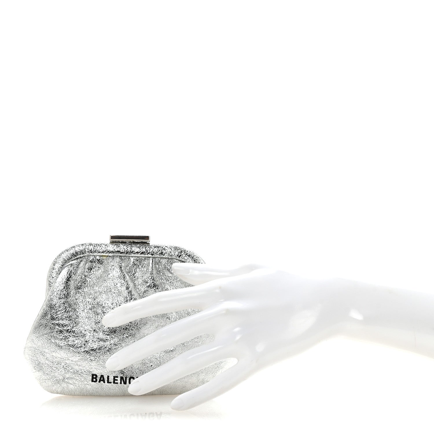 Metallic Textured Calfskin Logo Cloud Coin Purse With Strap Silver