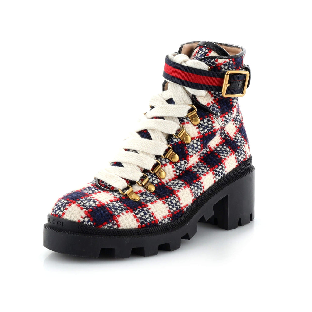 Women's Heeled Lace Up Combat Ankle Boots Tweed