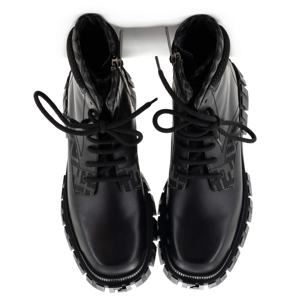 Men's Fendi Force Combat Boots Leather with Zucca Jacquard