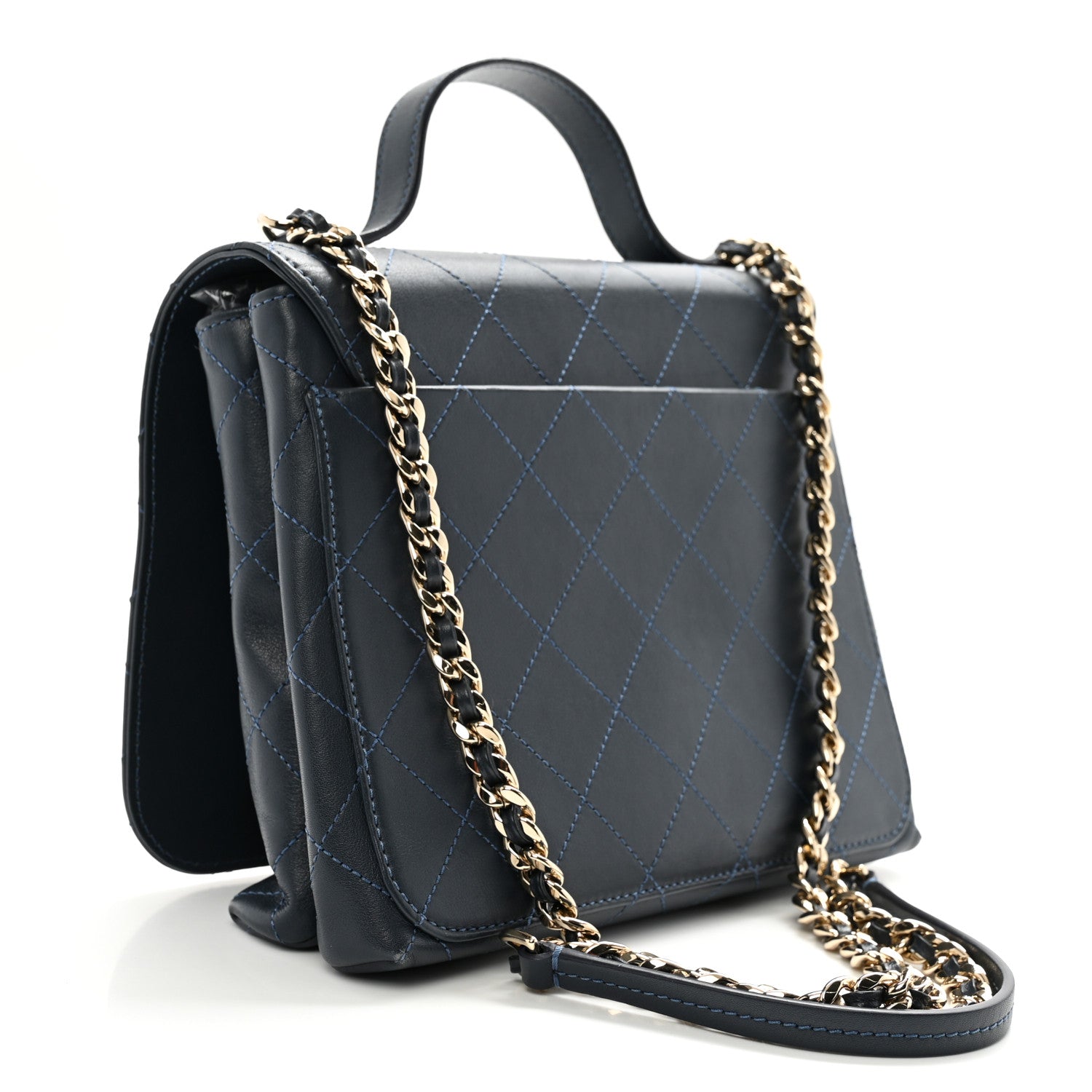 Calfskin Quilted Double Pocket Top Handle Flap Blue