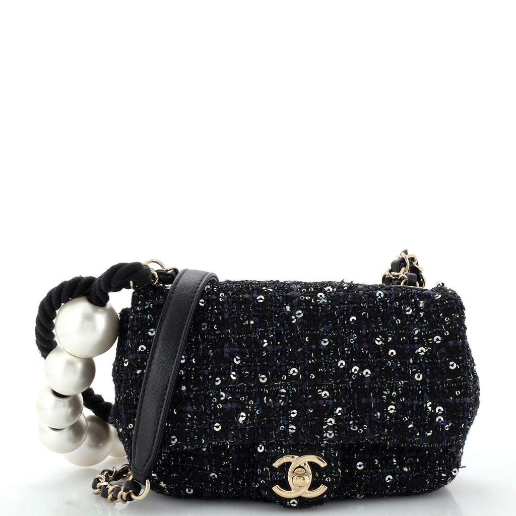 Pearl Handle Flap Bag Quilted Tweed Mini