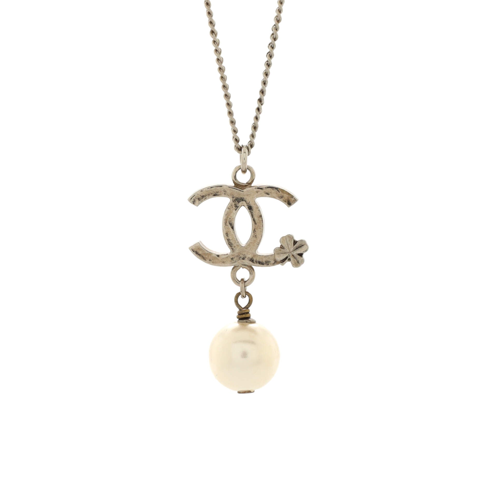 CC Clover Pearl Drop Pendant Necklace Metal and Faux Pearl