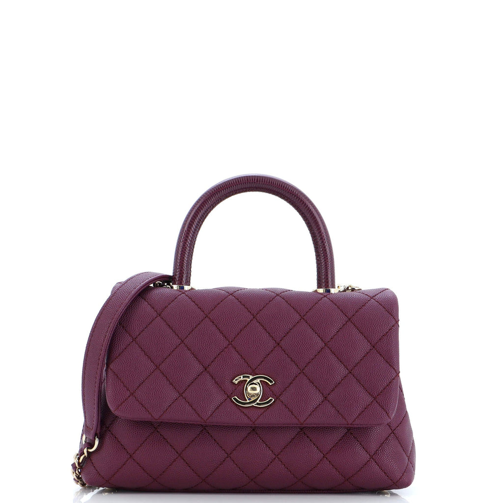 Coco Top Handle Bag Quilted Caviar with Lizard Embossed Handle Mini