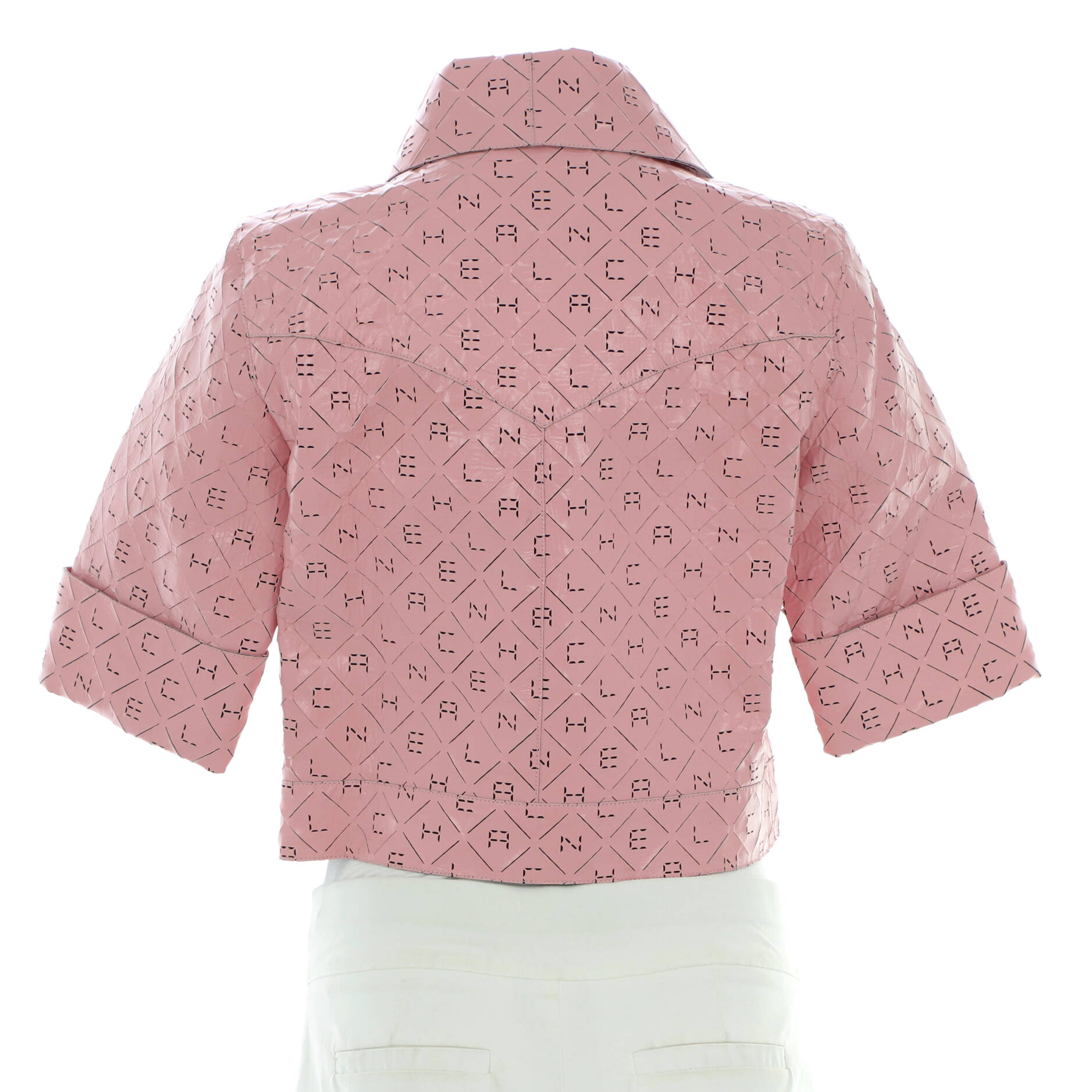 Women's Logo Cropped Short Sleeve Button Up Jacket Perforated Leather