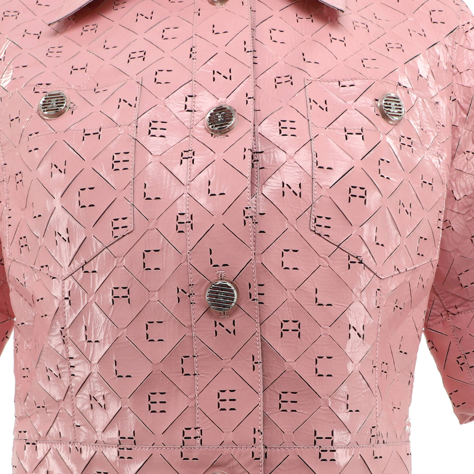 Women's Logo Cropped Short Sleeve Button Up Jacket Perforated Leather