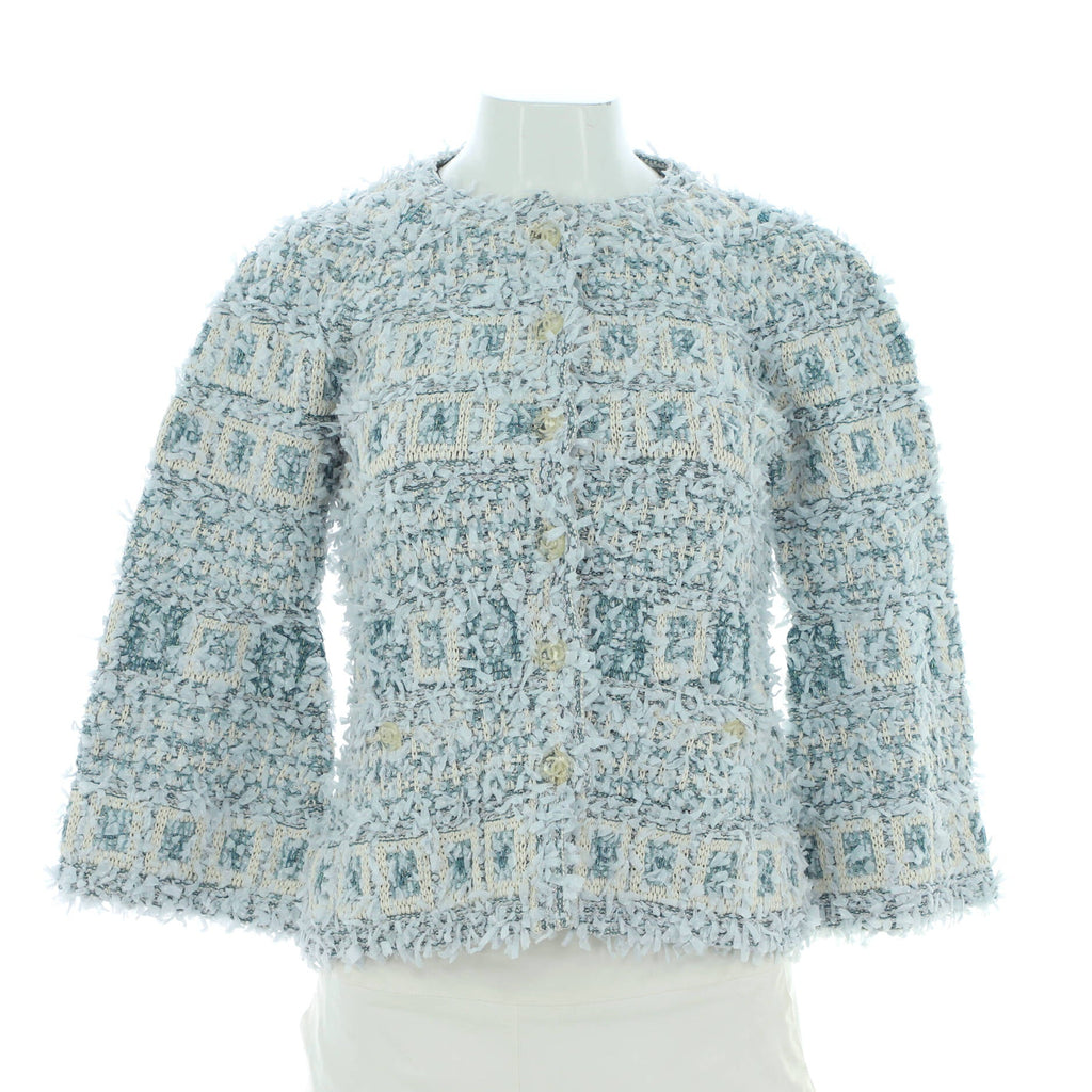 Women's Collarless Button Up Four Pocket Cropped Sleeve Jacket Tweed