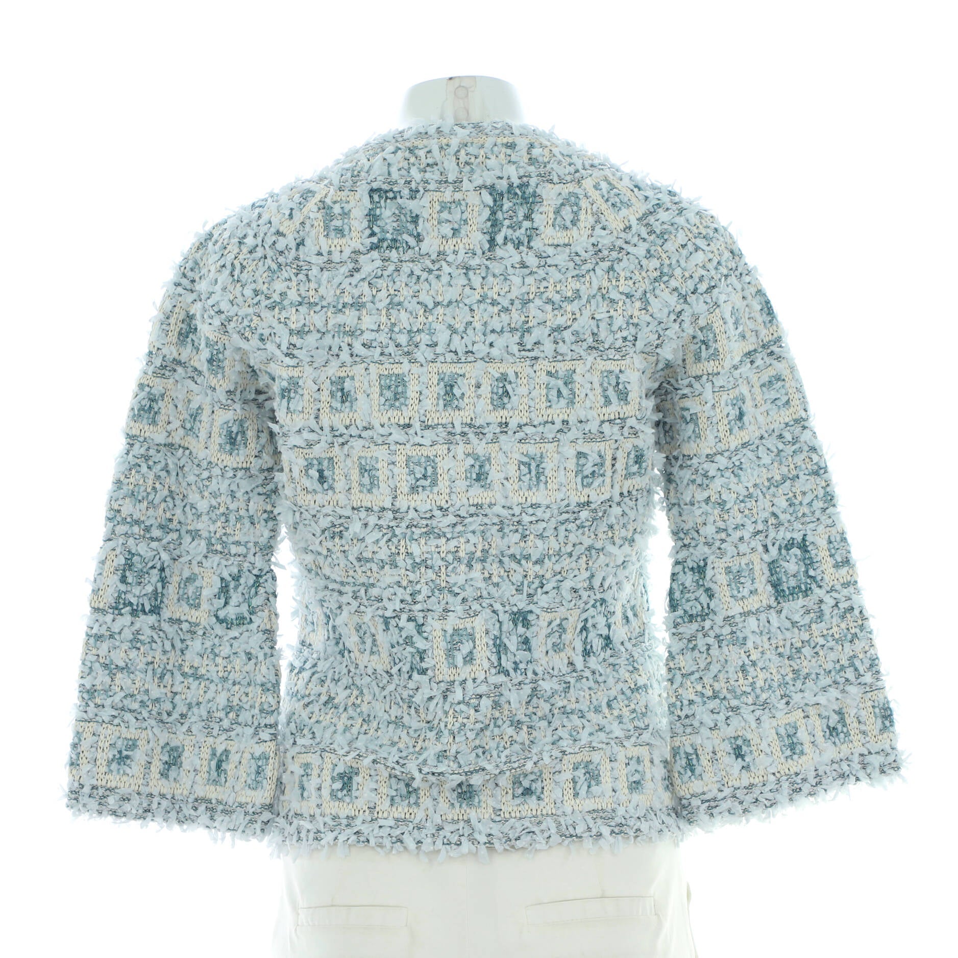 Women's Collarless Button Up Four Pocket Cropped Sleeve Jacket Tweed