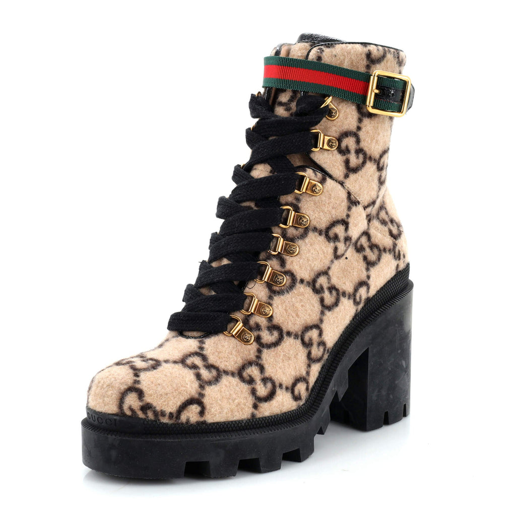Women's Heeled Lace Up Combat Ankle Boots GG Wool