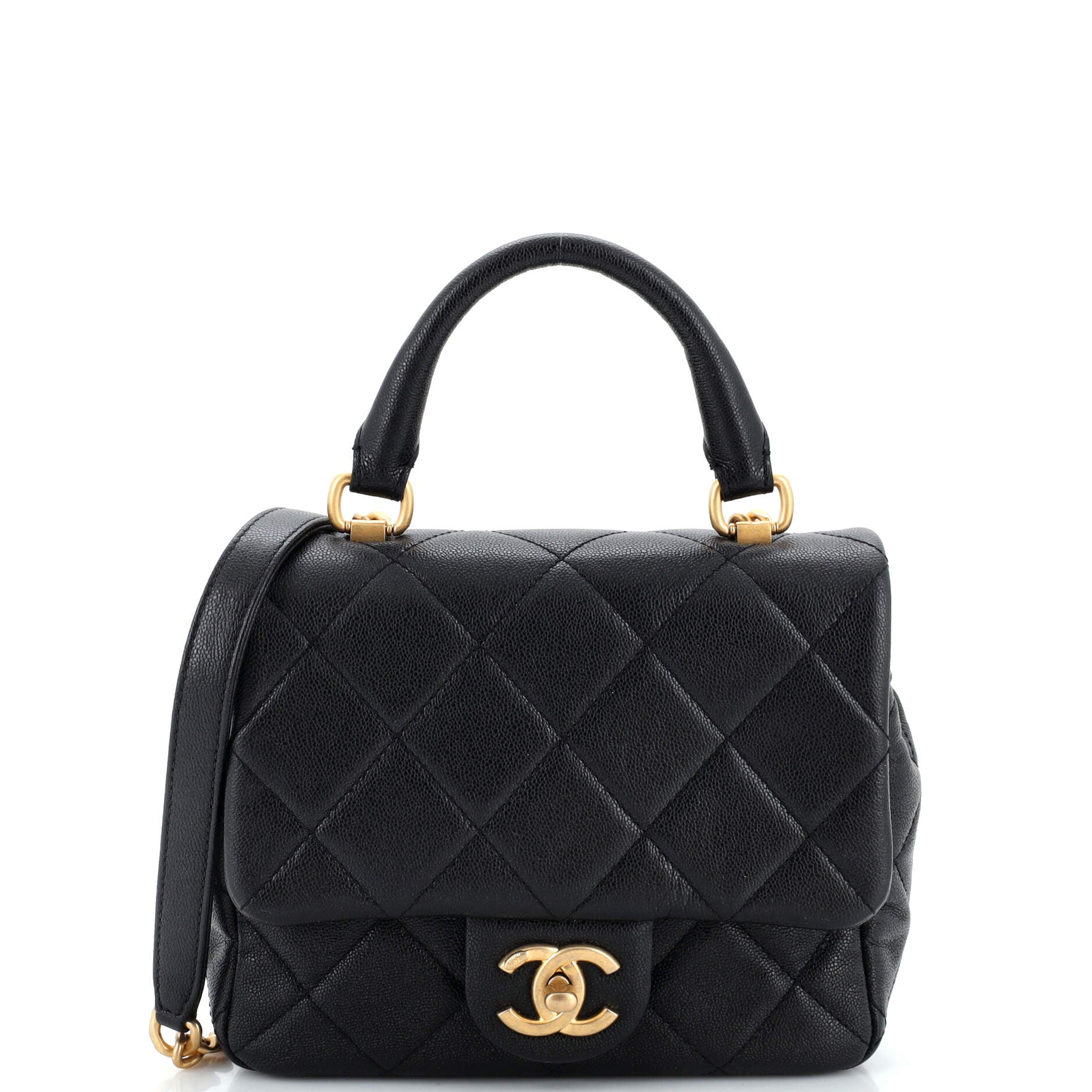 Square Top Handle Flap Bag Quilted Shiny Caviar Mini