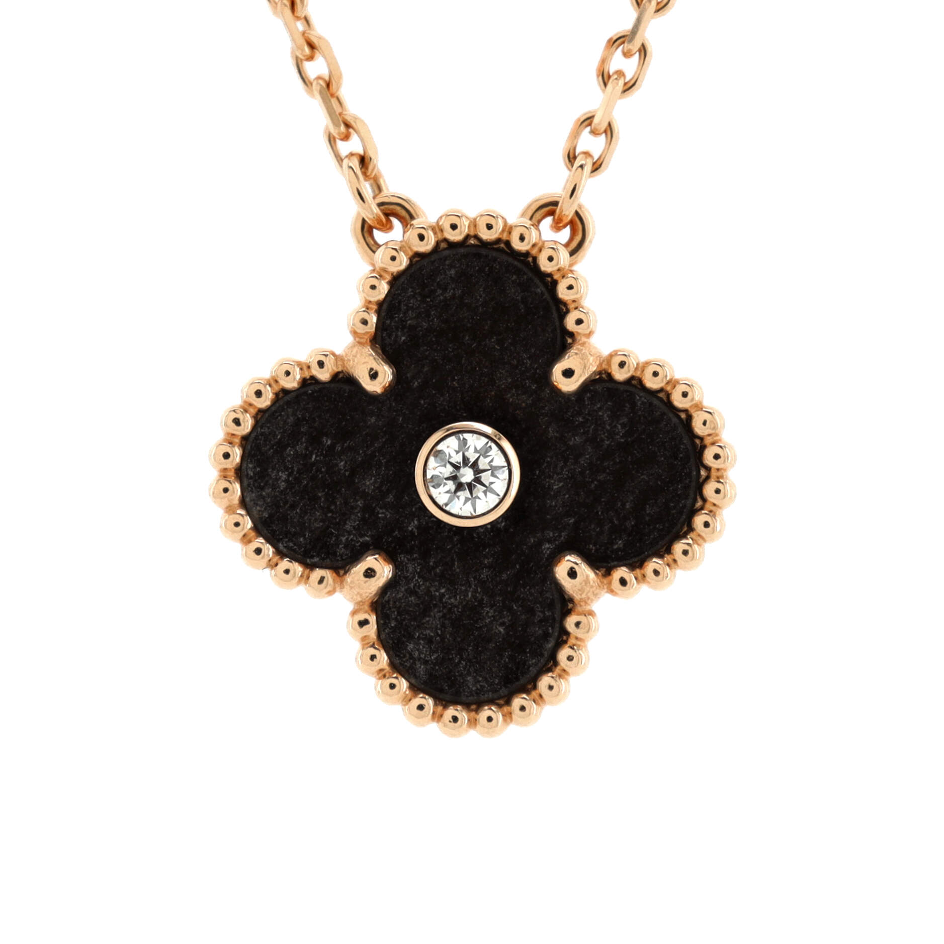 Vintage Alhambra Pendant Necklace 18K Rose Gold and Silver Obsidian with Diamond