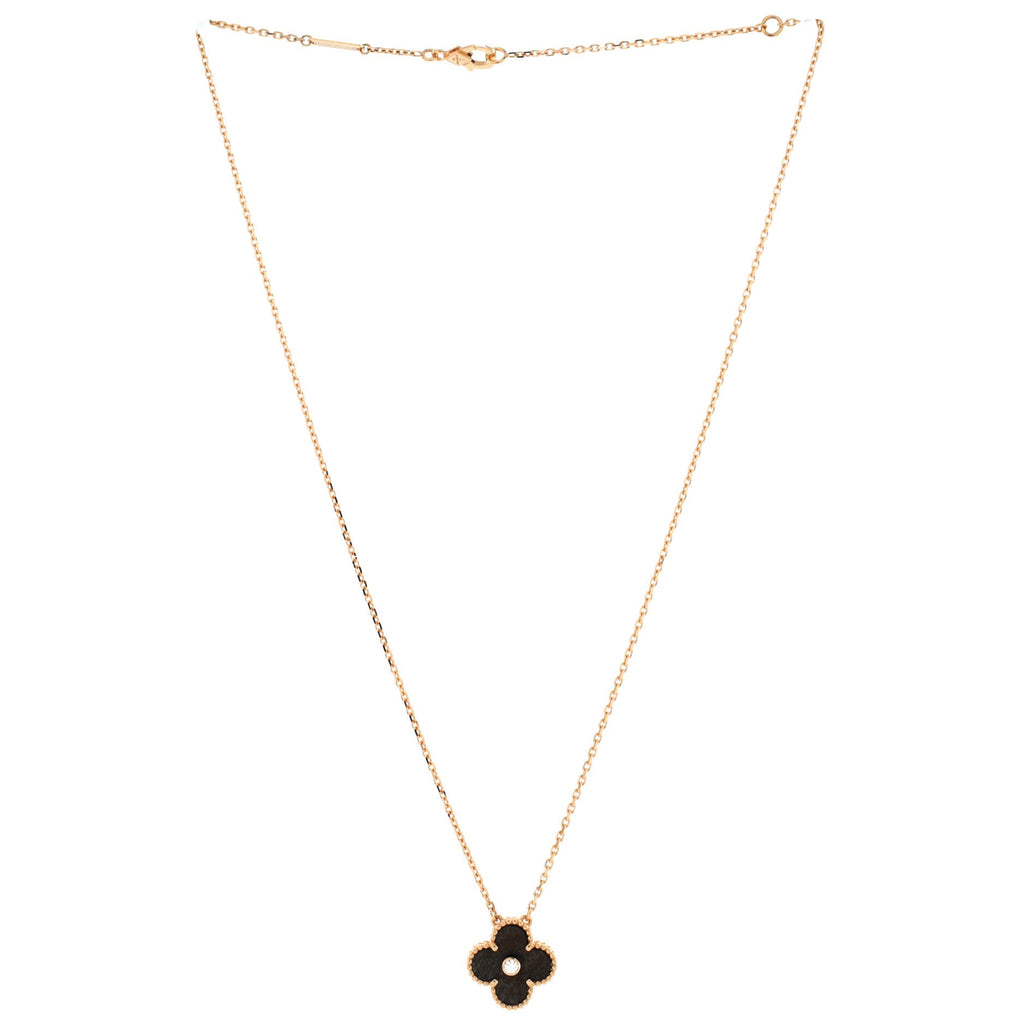 Vintage Alhambra Pendant Necklace 18K Rose Gold and Silver Obsidian with Diamond
