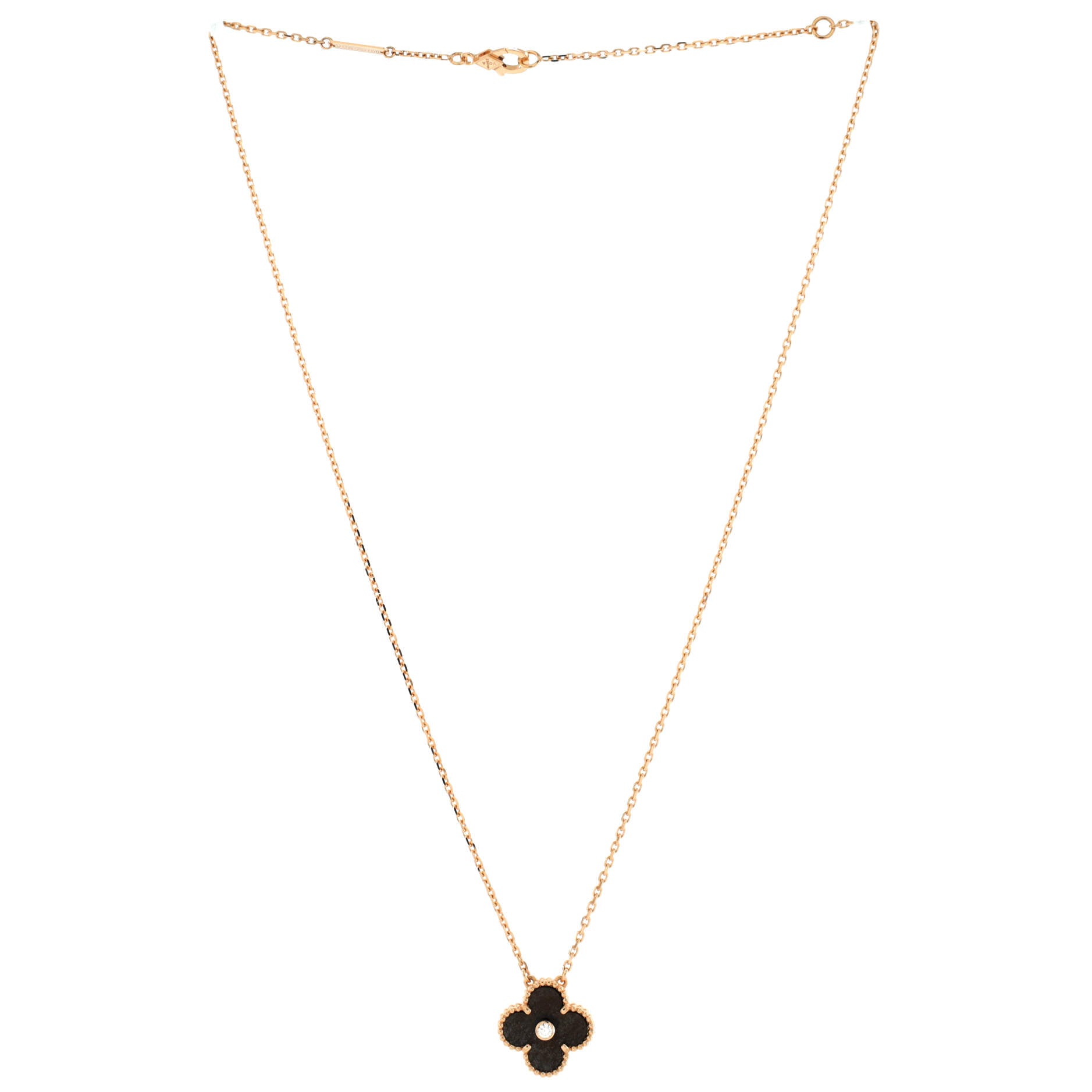 Vintage Alhambra Pendant Necklace 18K Rose Gold and Silver Obsidian with Diamond