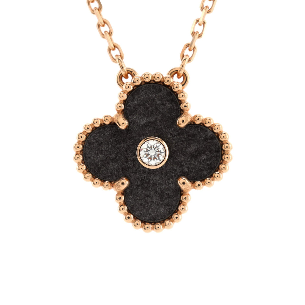Vintage Alhambra Pendant Necklace 18K Rose Gold and Silver Obsidian with Diamond