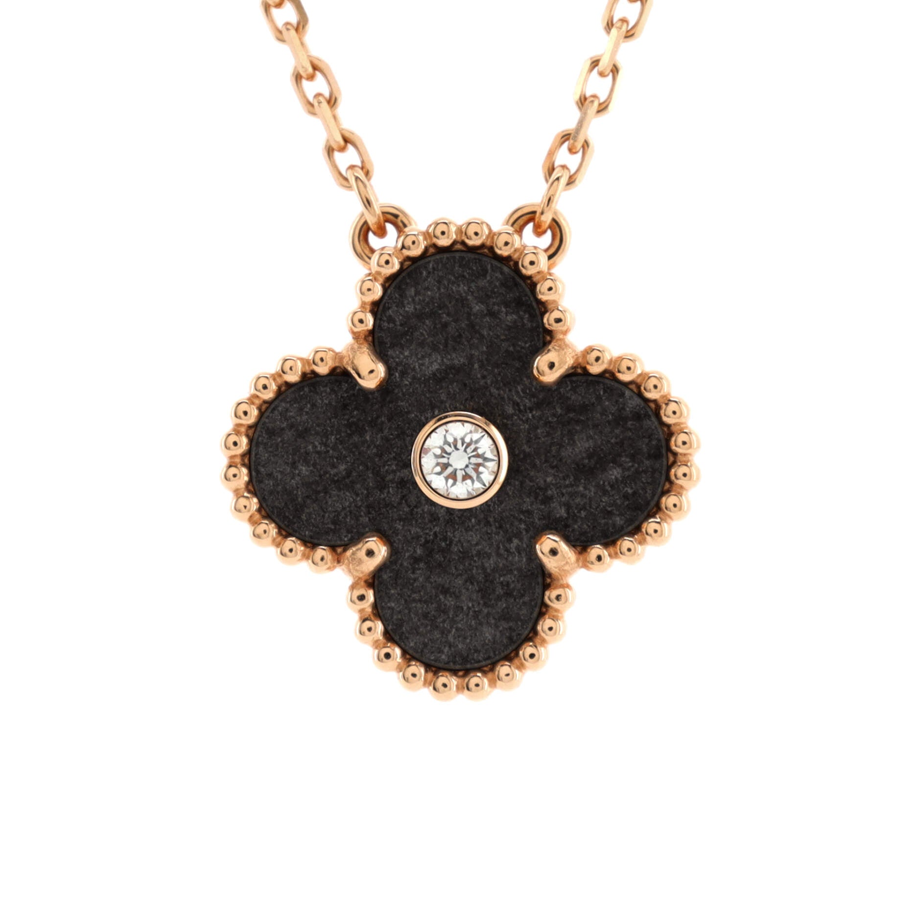 Vintage Alhambra Pendant Necklace 18K Rose Gold and Silver Obsidian with Diamond