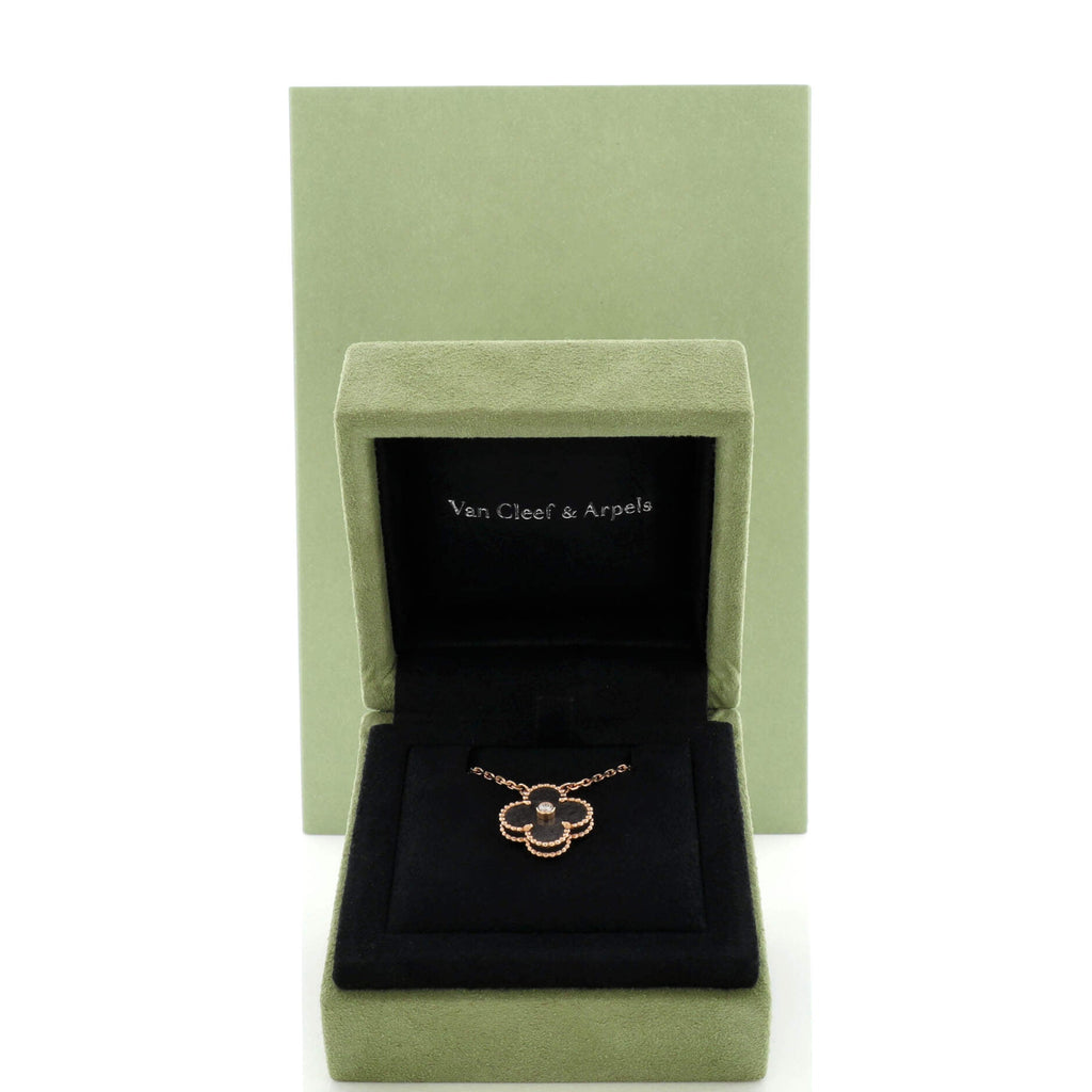 Vintage Alhambra Pendant Necklace 18K Rose Gold and Silver Obsidian with Diamond