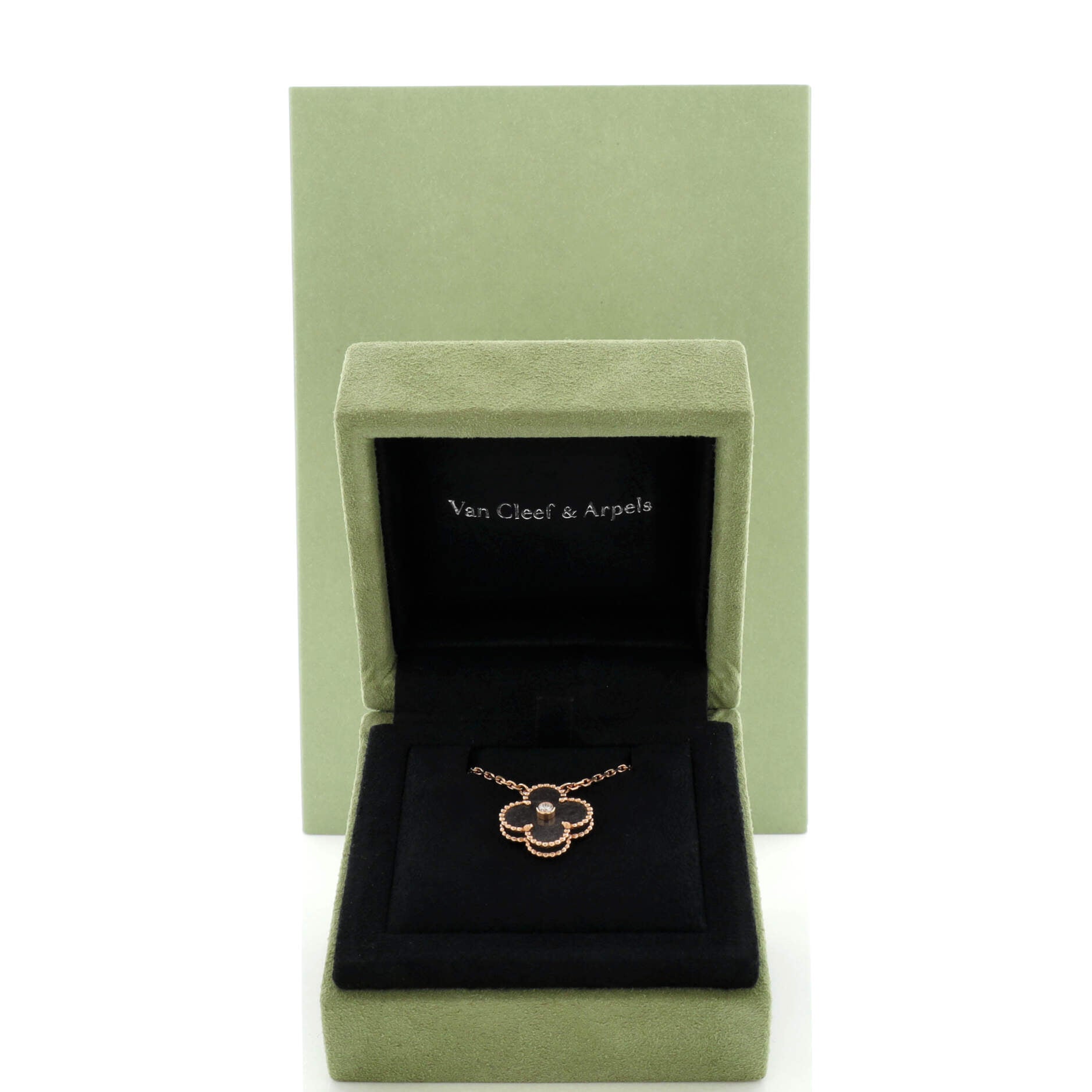 Vintage Alhambra Pendant Necklace 18K Rose Gold and Silver Obsidian with Diamond