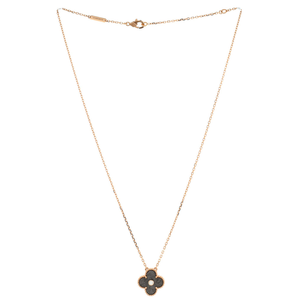 Vintage Alhambra Pendant Necklace 18K Rose Gold and Silver Obsidian with Diamond