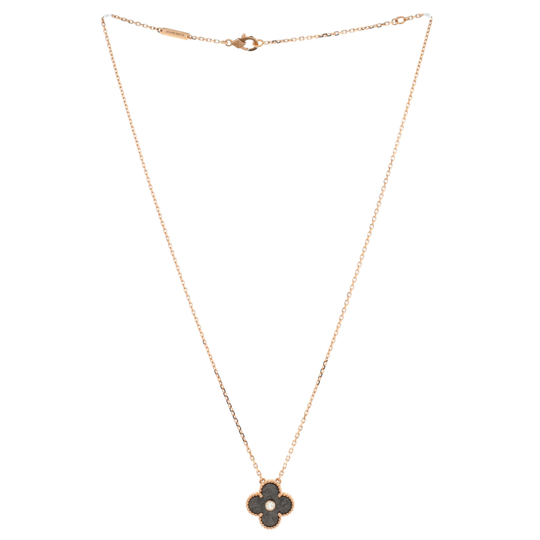 Vintage Alhambra Pendant Necklace 18K Rose Gold and Silver Obsidian with Diamond