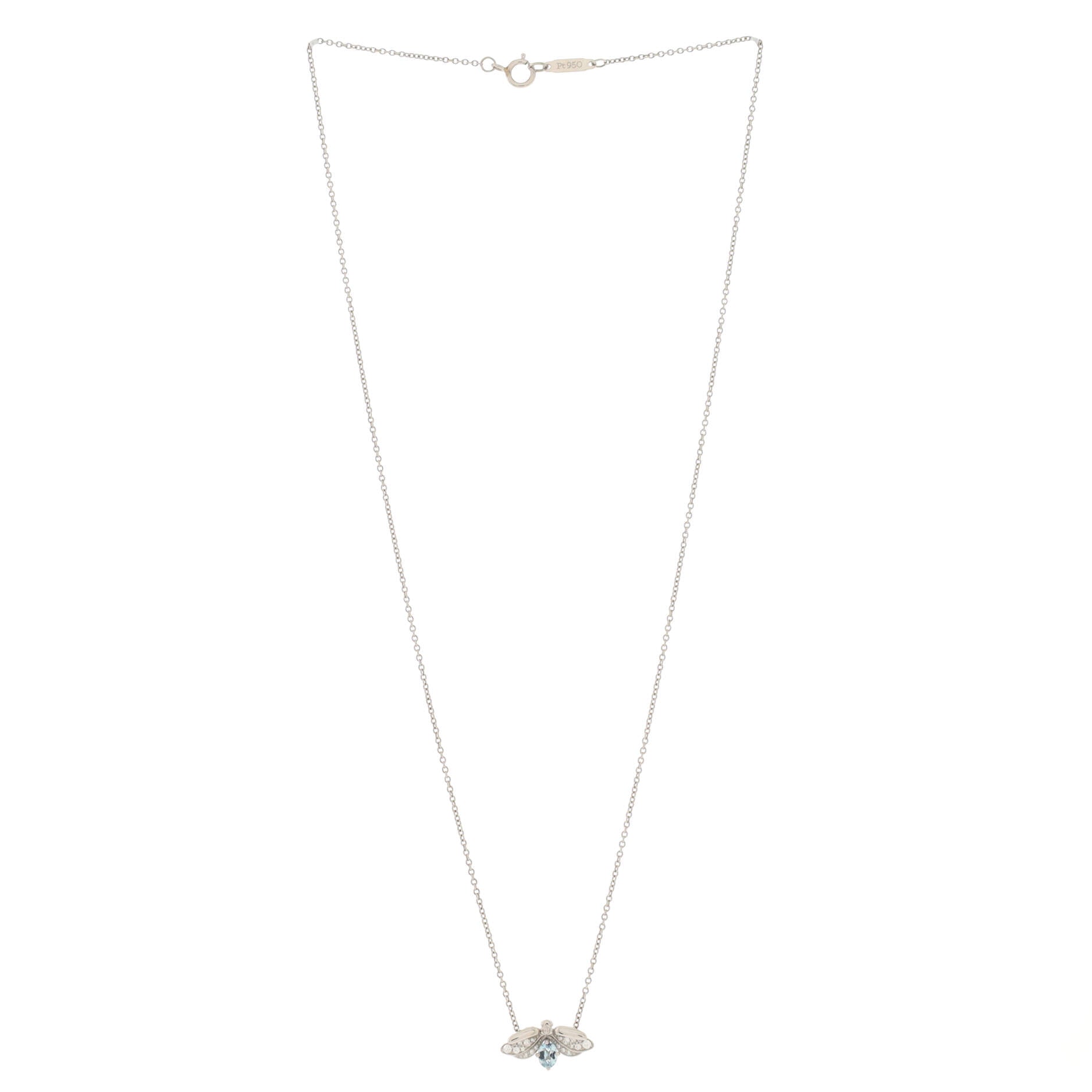 Paper Flowers Firefly Pendant Necklace Platinum with Diamonds and Aquamarine Small