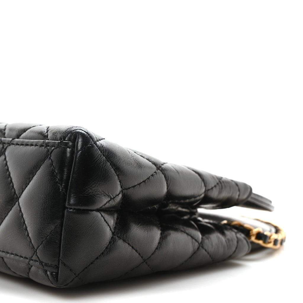 Shiny Aged Calfskin Quilted Nano Kelly Shopper Black