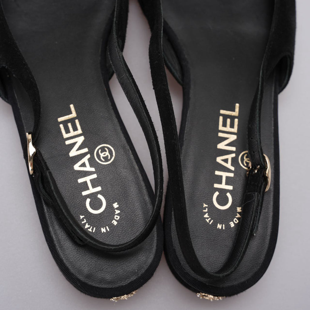 Chanel Slingback Satin Pearl Flats Black Size 37.5