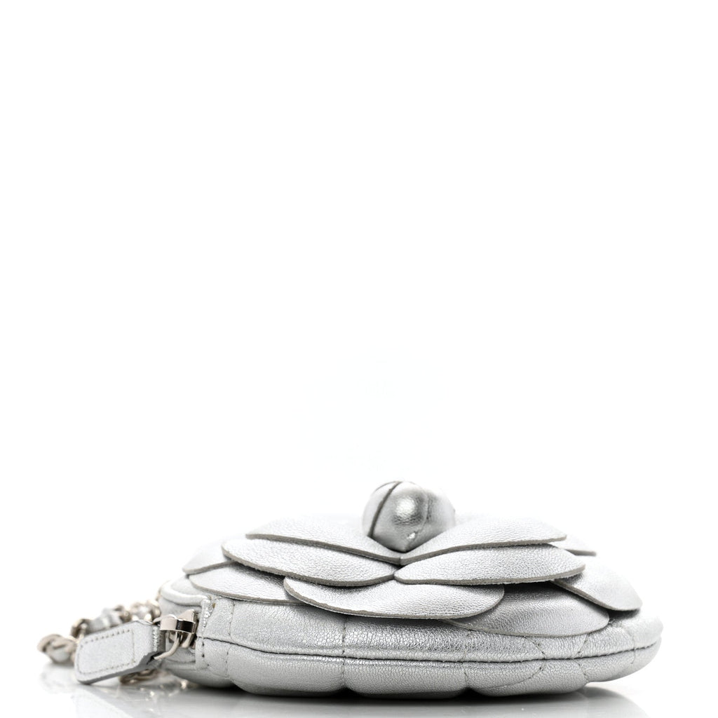 Metallic Lambskin Mini Camellia Bouquet Clutch With Chain Silver