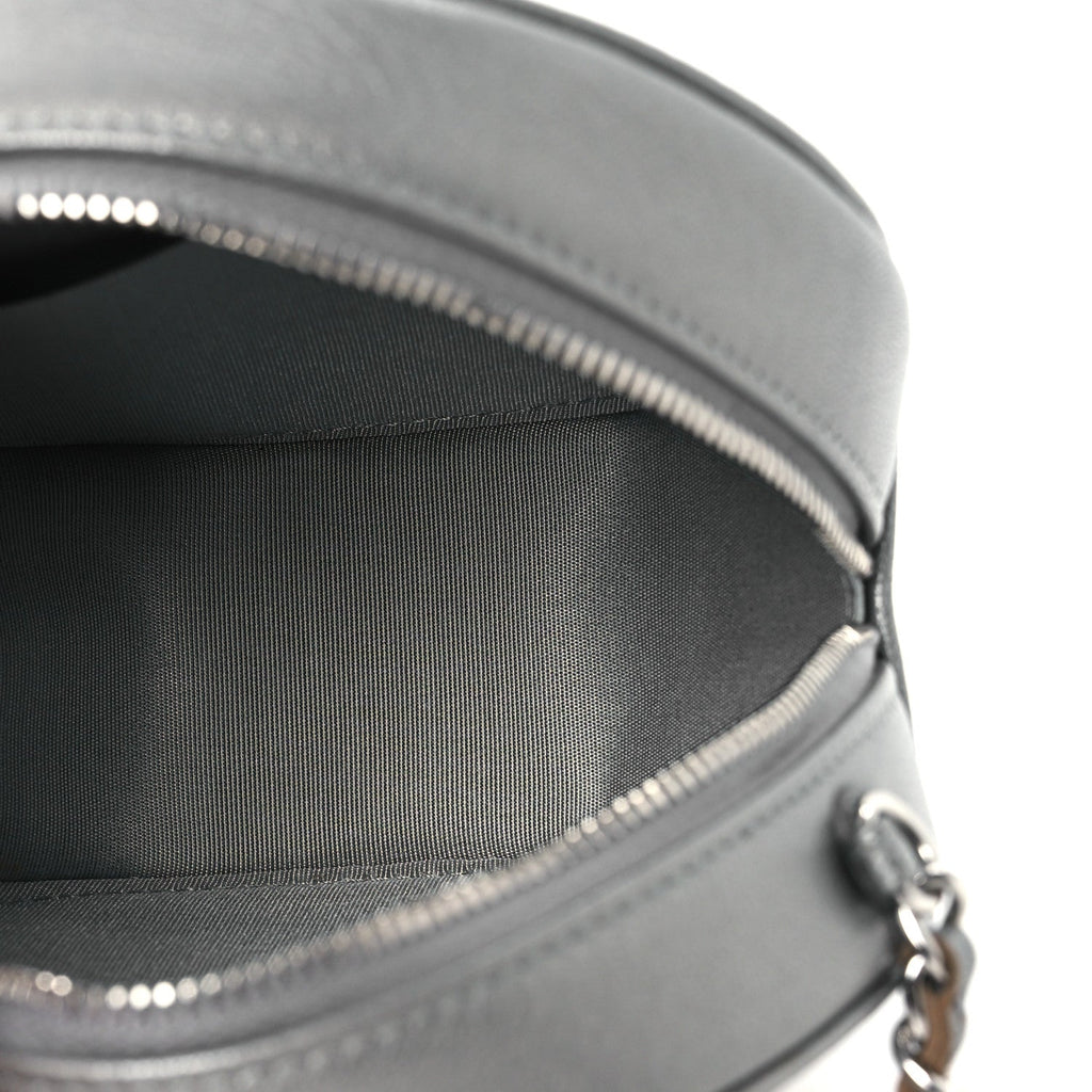 Goatskin Camellia Embossed Round Clutch With Chain Grey