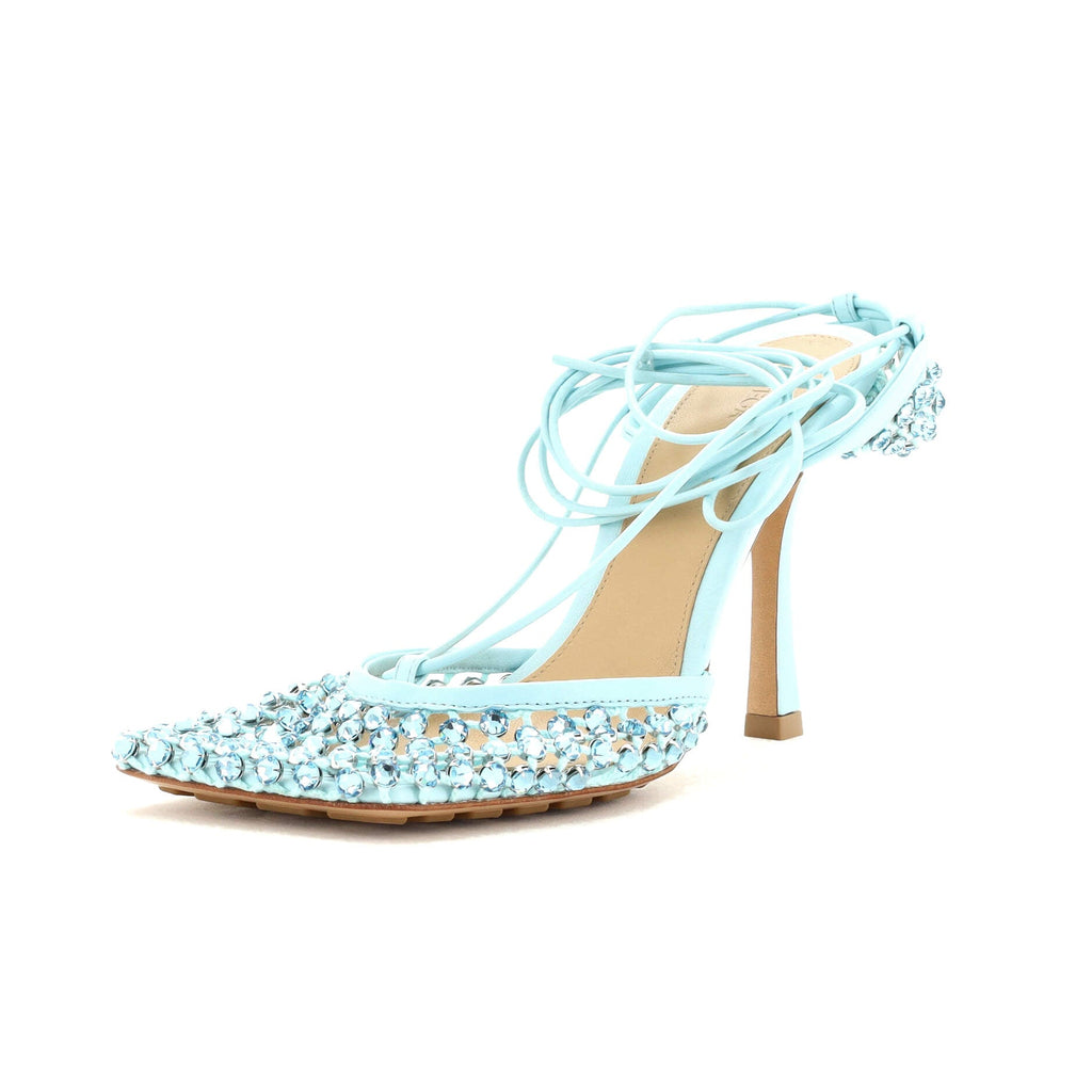 Women's Sparkle Stretch Heeled Sandals Crystal Embellished Mesh and Leather